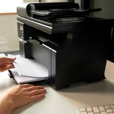Equipamentos usados de impressora a laser preta em cima de uma mesa com uma pessoa adicionando papel.