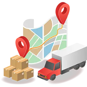 Ícone Logística com umas caixas, mapa e um caminhão.